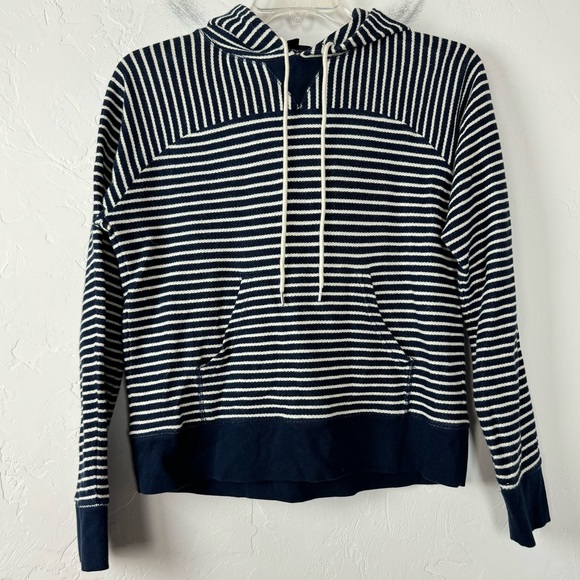 J. Crew Tops - J Crew Hoodie Pullover Sweatshirt Sweater Striped‎ Print Navy Blue Ivory Terry